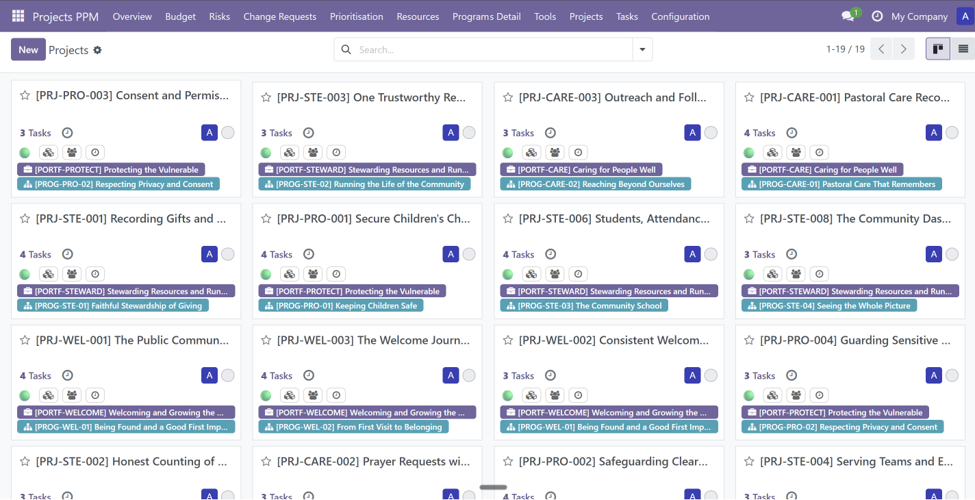 Project ledger view — dozens of projects with codes, types, and status chips